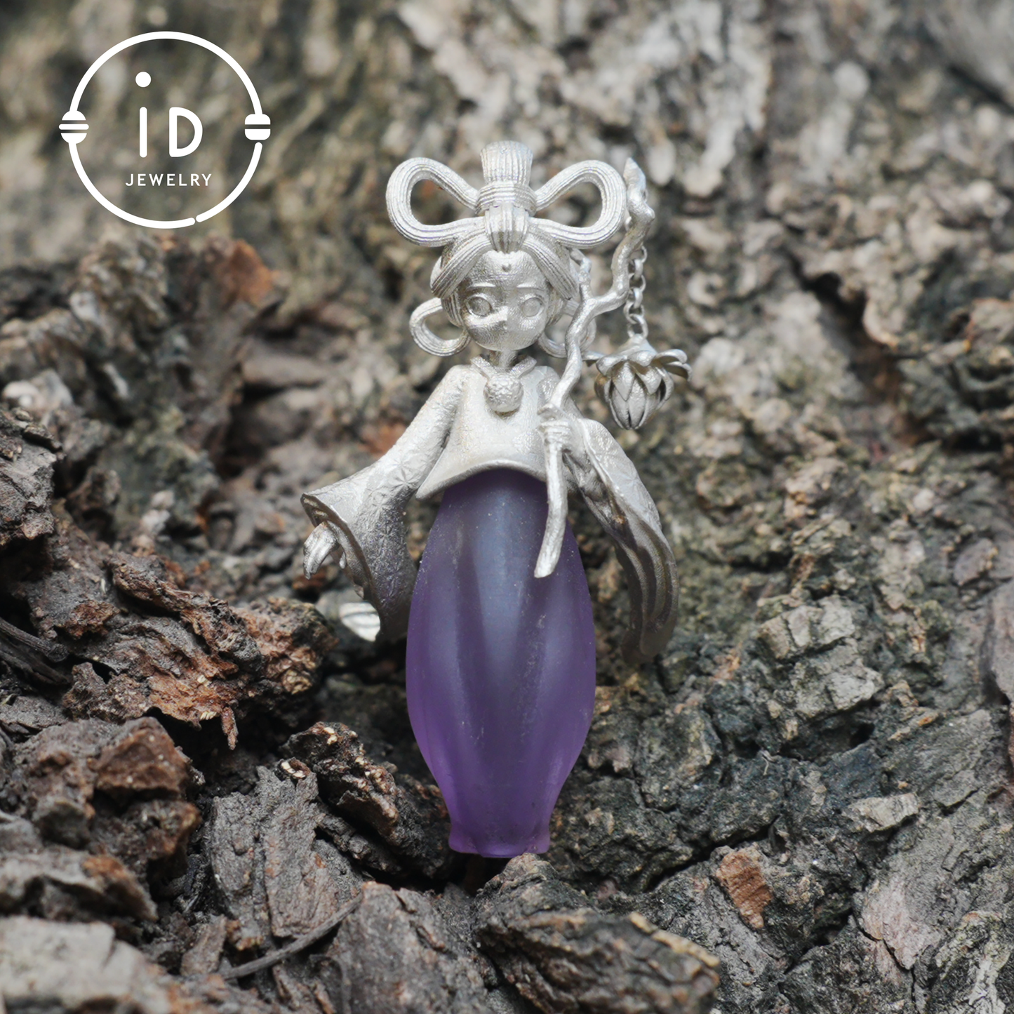 Amethyst Pendant in 925 Sterling Silver – Hanfu Girl Necklace with Bud Flower Design | Fantasy Asian Totem Jewelry | Gift for Her