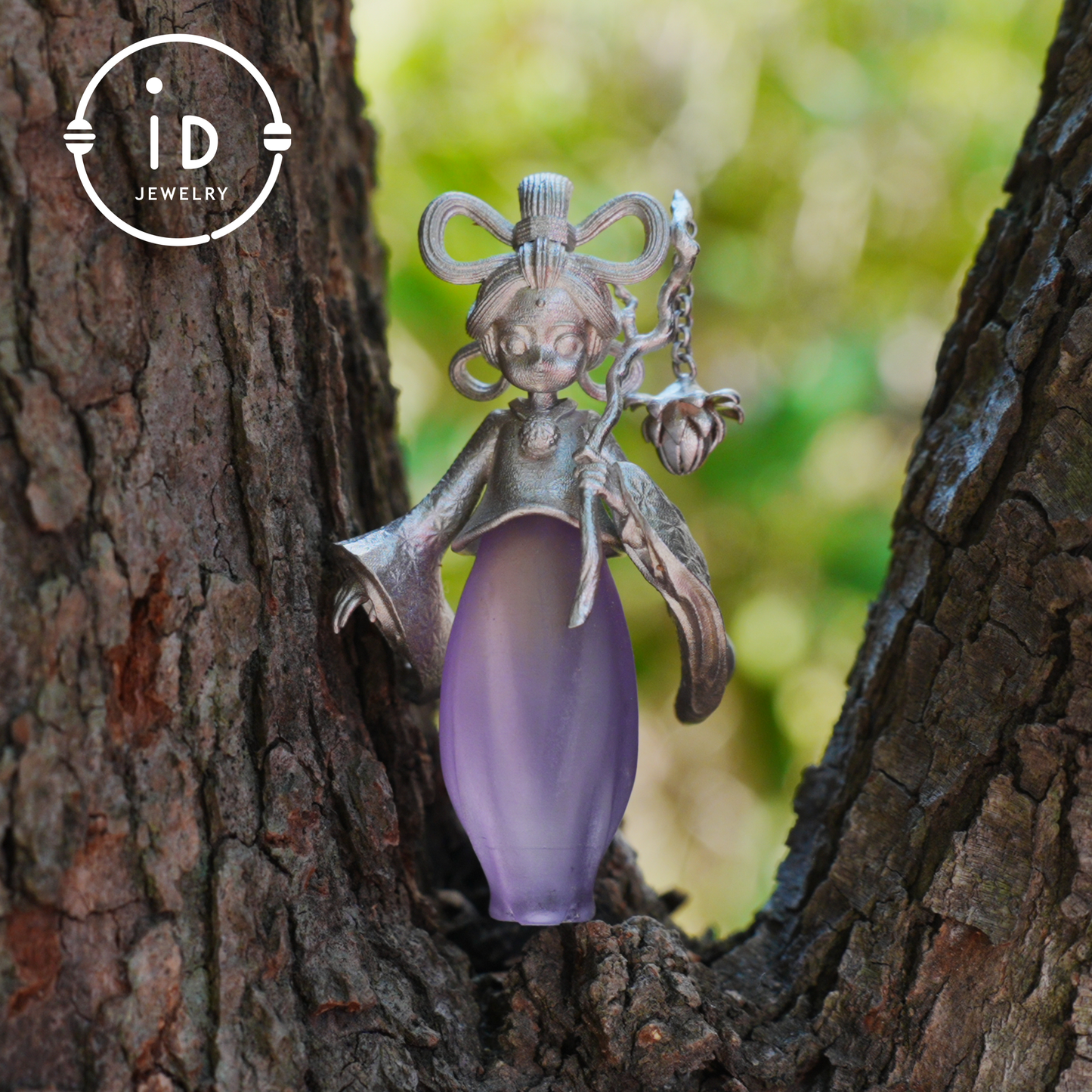 Amethyst Pendant in 925 Sterling Silver – Hanfu Girl Necklace with Bud Flower Design | Fantasy Asian Totem Jewelry | Gift for Her