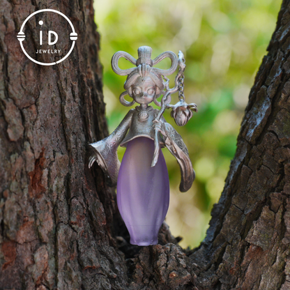 Amethyst Pendant in 925 Sterling Silver – Hanfu Girl Necklace with Bud Flower Design | Fantasy Asian Totem Jewelry | Gift for Her