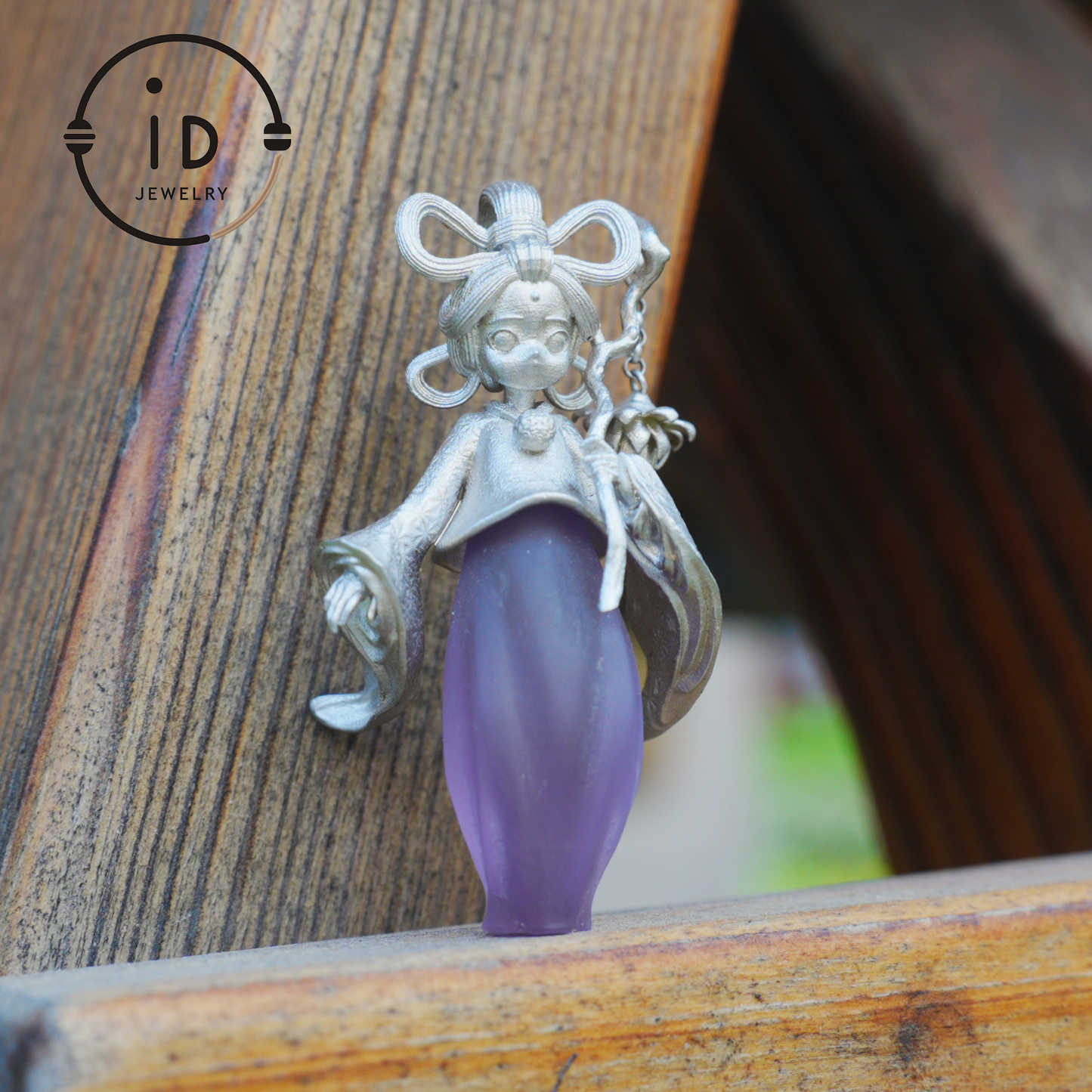 Amethyst Pendant in 925 Sterling Silver – Hanfu Girl Necklace with Bud Flower Design | Fantasy Asian Totem Jewelry | Gift for Her