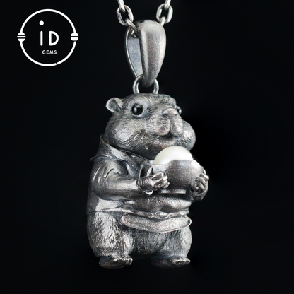 Hamster Pendant with Pearl, Whimsical Animal Totem Amulet, Handcrafted Fairy Tale Jewelry, Symbol of Care and Gentle Devotion