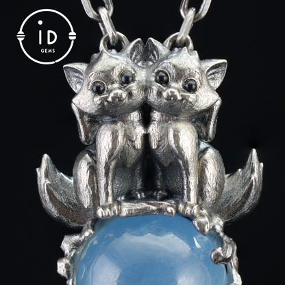 Fox Totem Pendant with Aquamarine – Fantasy Animal Amulet Necklace, Handcrafted Spirit Jewelry, Twin Guardian Design
