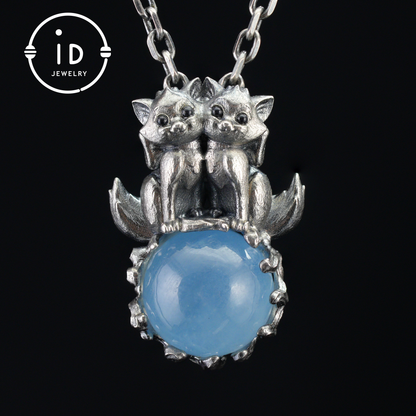 Fuchs-Totem-Anhänger mit Aquamarin – Fantasy-Tier-Amulett-Halskette, handgefertigter Geisterschmuck, Zwillingswächter-Design