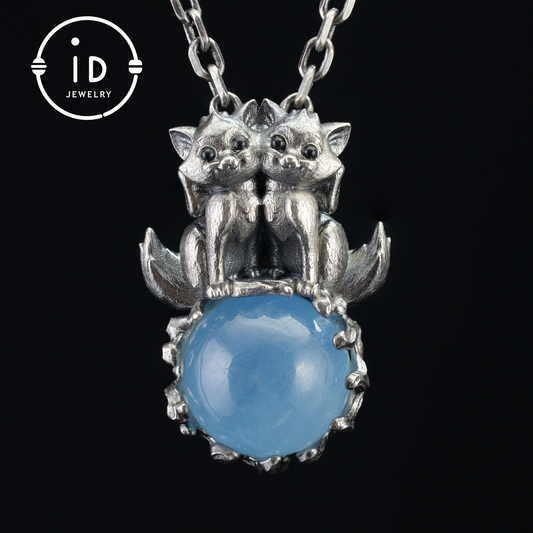 Fuchs-Totem-Anhänger mit Aquamarin – Fantasy-Tier-Amulett-Halskette, handgefertigter Geisterschmuck, Zwillingswächter-Design