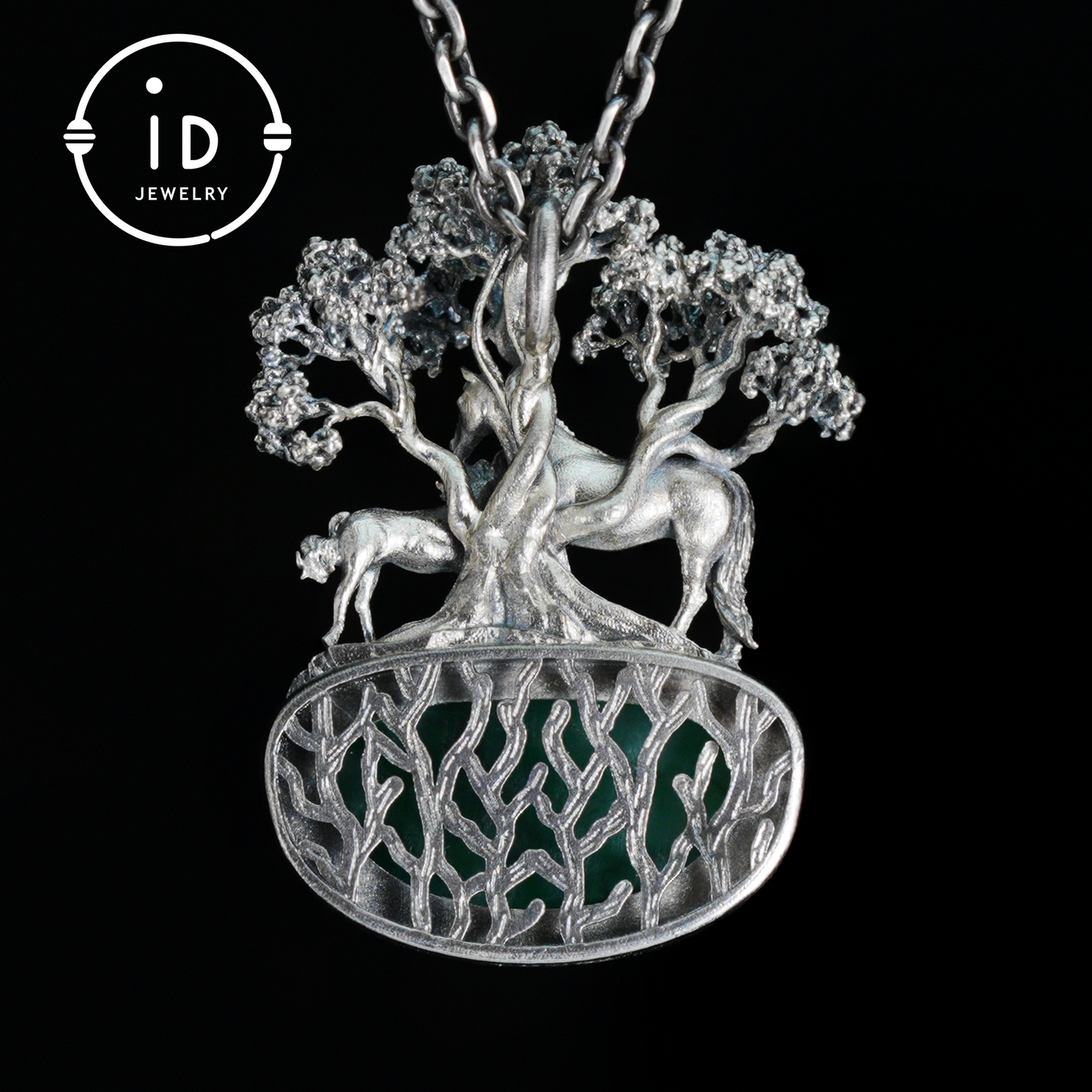 S925 Sterling Silver Pendant with Mare and Foal on African Green Stone, Fairy Talisman Necklace Vintage Gift for Her Birthday