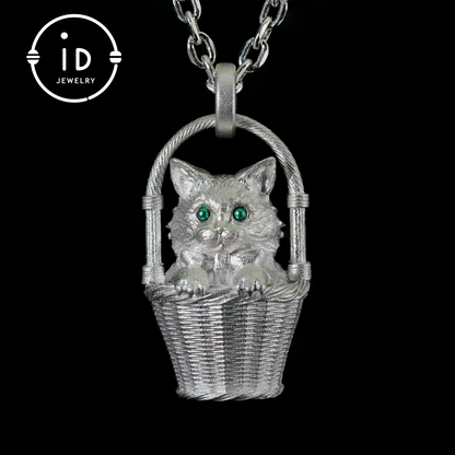 Handgefertigte Halskette mit Kätzchen-Anhänger aus 925er Silber | Grünäugige Wächterkatze | Glücks- und Trost-Talisman-Schmuck | Geschenk für Katzenliebhaber