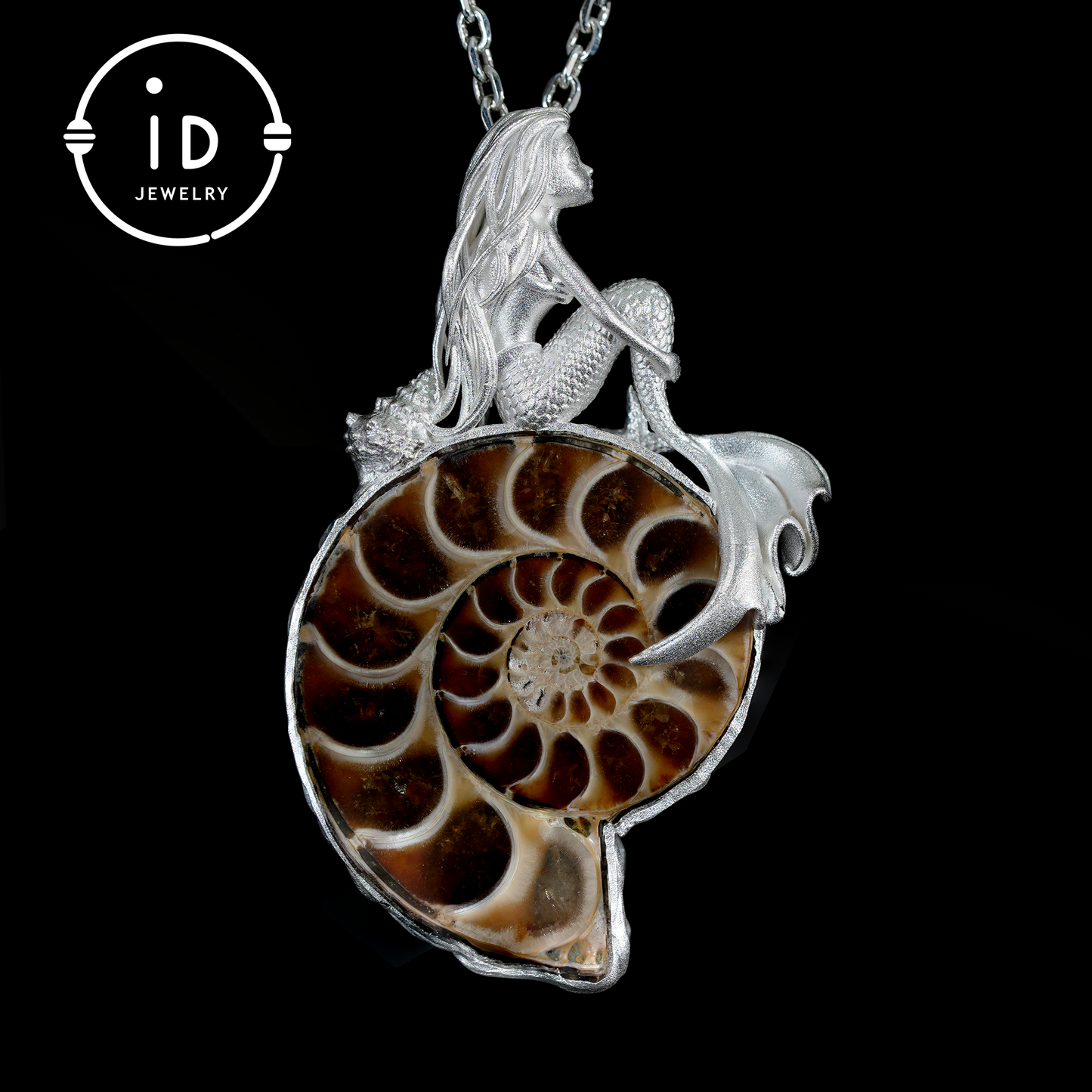 Meerjungfrau Muschel Fossil Anhänger, Handgefertigtes Meeresgöttin Amulett, Spiritueller Schutzschmuck, Mythisches Kunstdesign, Sirenenmeer Geschenk