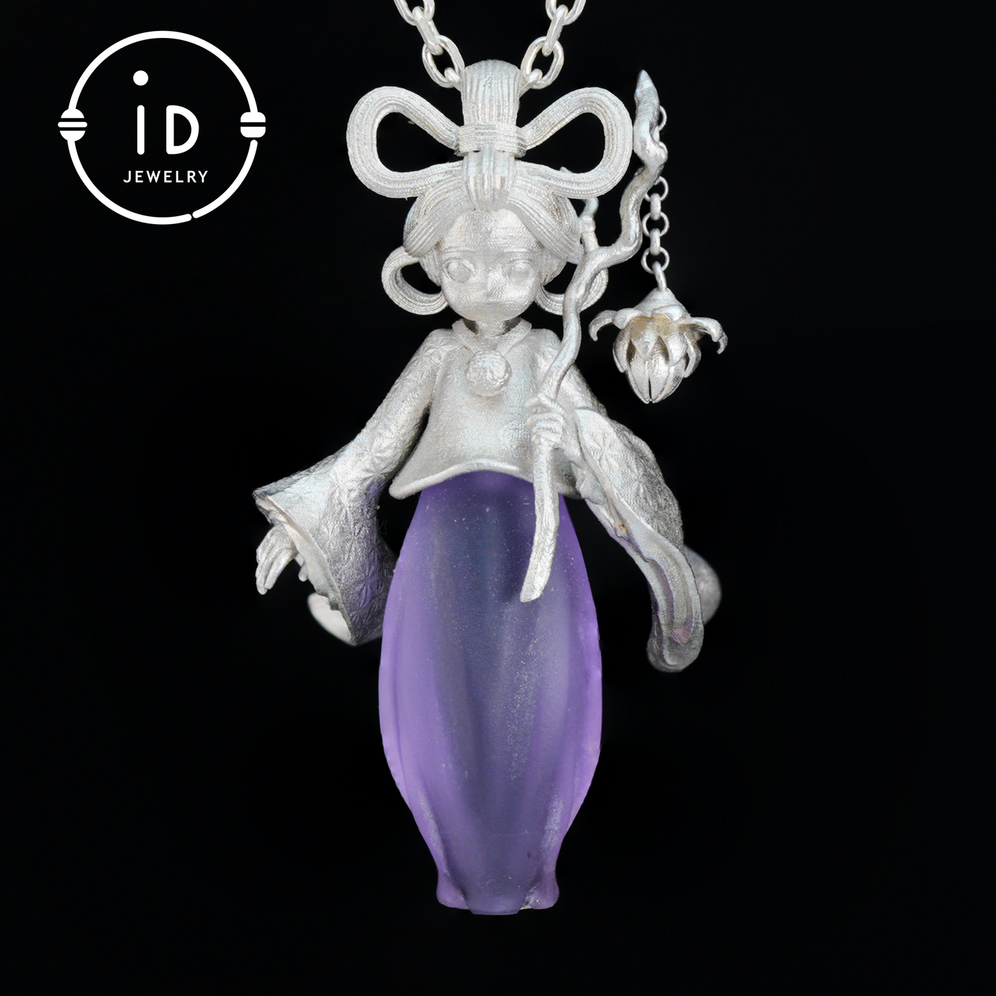 Amethyst Pendant in 925 Sterling Silver – Hanfu Girl Necklace with Bud Flower Design | Fantasy Asian Totem Jewelry | Gift for Her