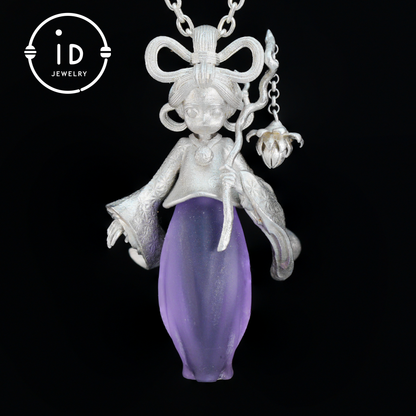 Amethyst Pendant in 925 Sterling Silver – Hanfu Girl Necklace with Bud Flower Design | Fantasy Asian Totem Jewelry | Gift for Her