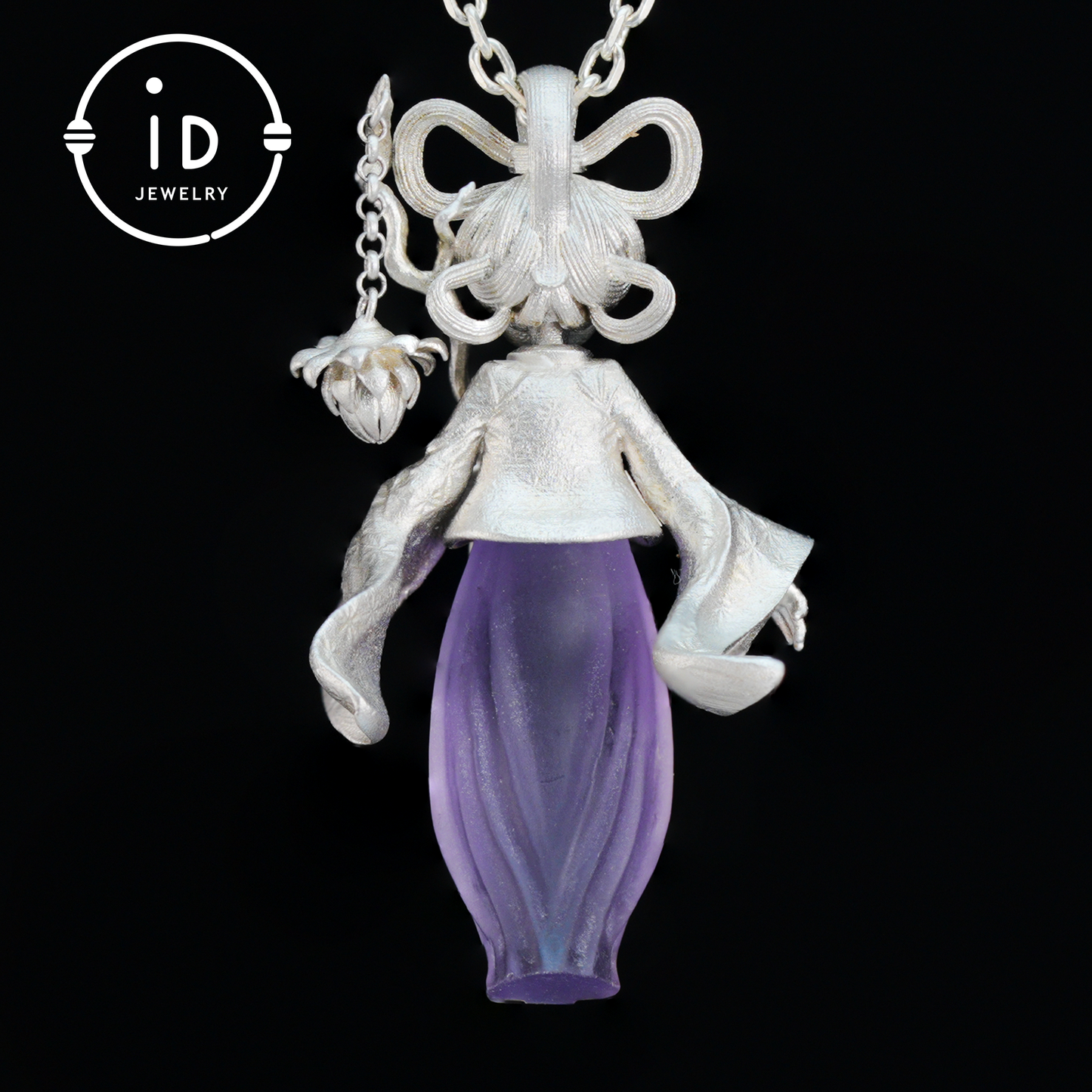 Amethyst Pendant in 925 Sterling Silver – Hanfu Girl Necklace with Bud Flower Design | Fantasy Asian Totem Jewelry | Gift for Her