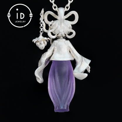 Amethyst Pendant in 925 Sterling Silver – Hanfu Girl Necklace with Bud Flower Design | Fantasy Asian Totem Jewelry | Gift for Her