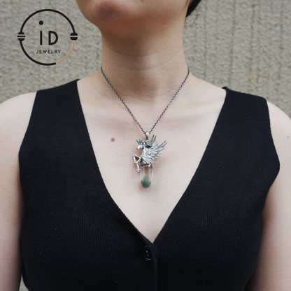 925 Silver Unicorn Pendant with Wings, Natural Crystal, Mystical Fantasy Jewelry, Gift for Her, Birthday Gift, Unique Silver Necklace