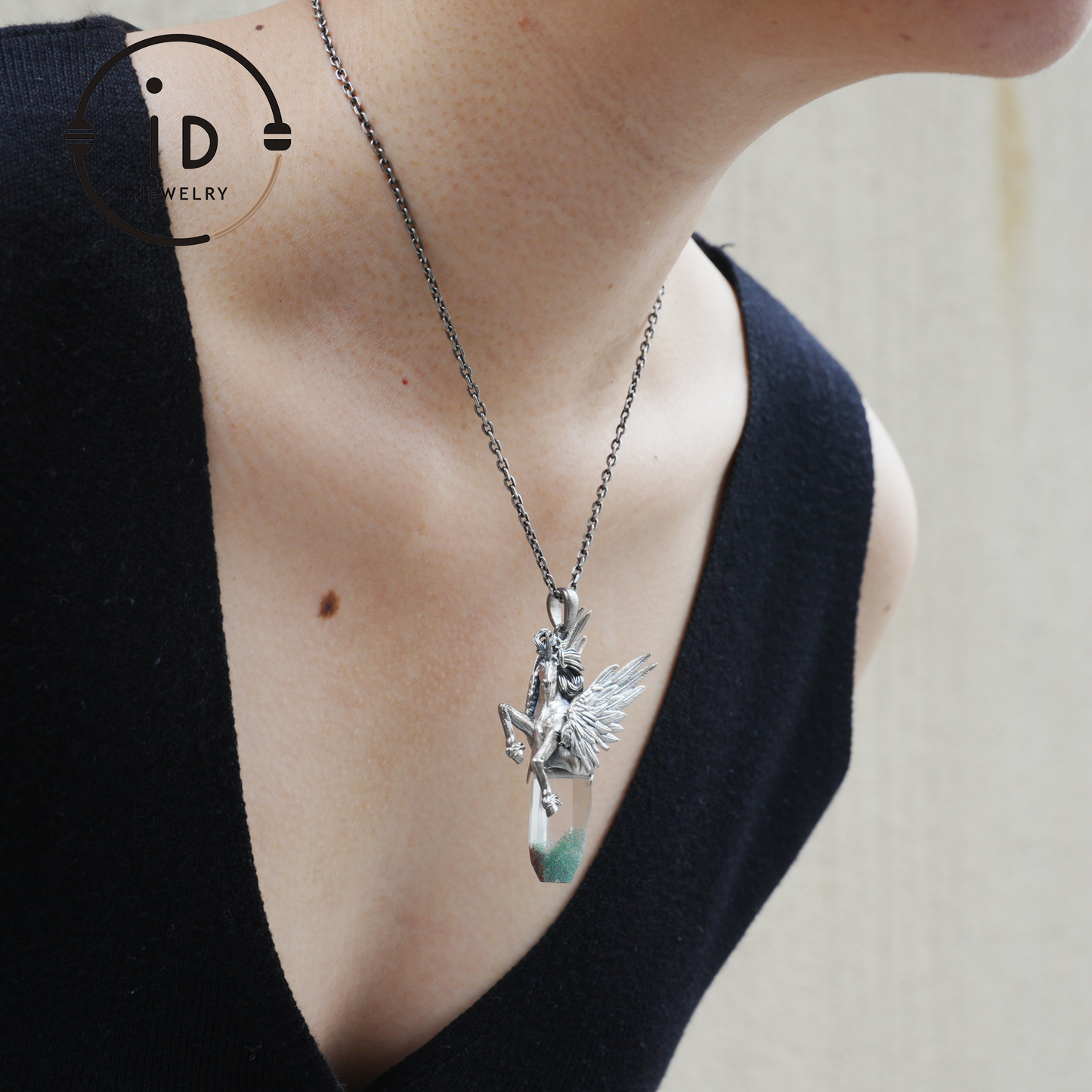 925 Silver Unicorn Pendant with Wings, Natural Crystal, Mystical Fantasy Jewelry, Gift for Her, Birthday Gift, Unique Silver Necklace