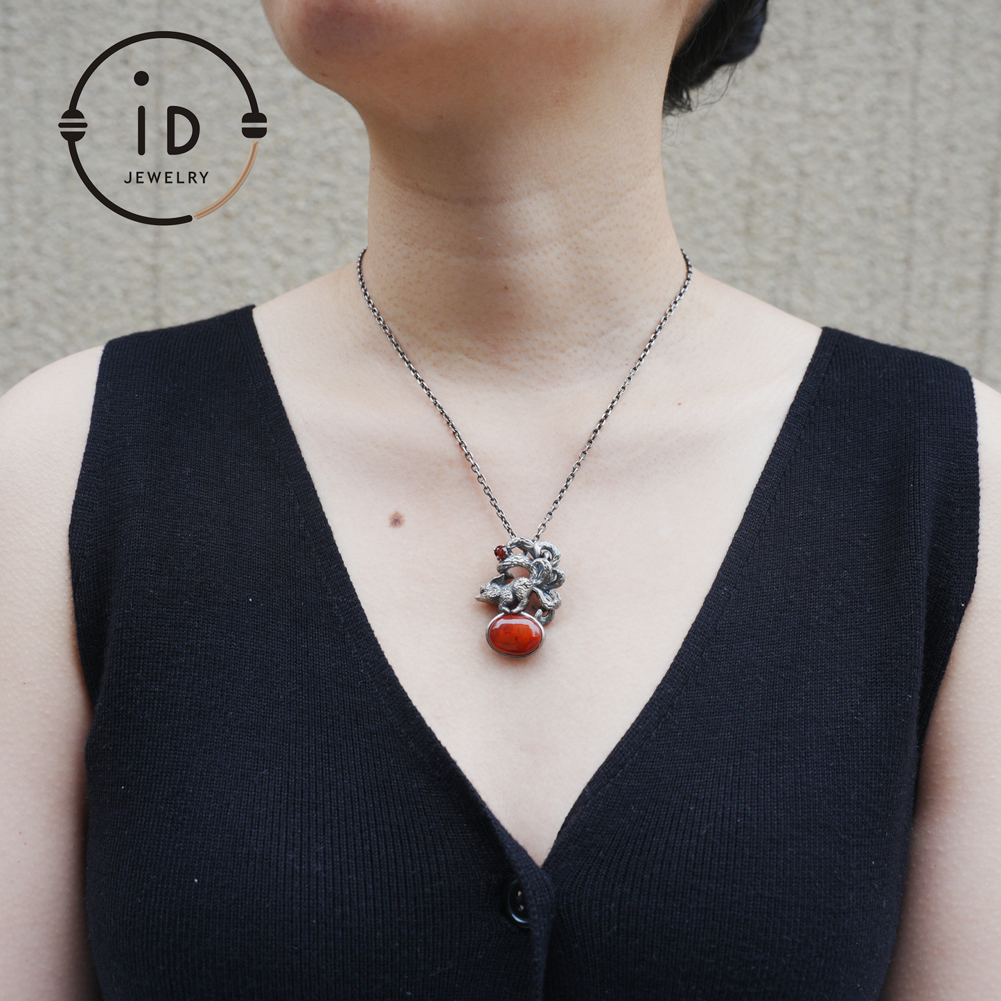 Red Agate Garnet Fox Pendant in Oxidized 925 Silver Necklace Gothic Totem Jewelry Mystic Animal Talisman Gift for Her Birthday or Christmas