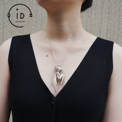 S925 Silver Elf Pendant Necklace with White Crystal, Gothic Vintage Fairy Tale Jewelry Fantasy Talisman Amulet Gift for Her Birthday or Yule