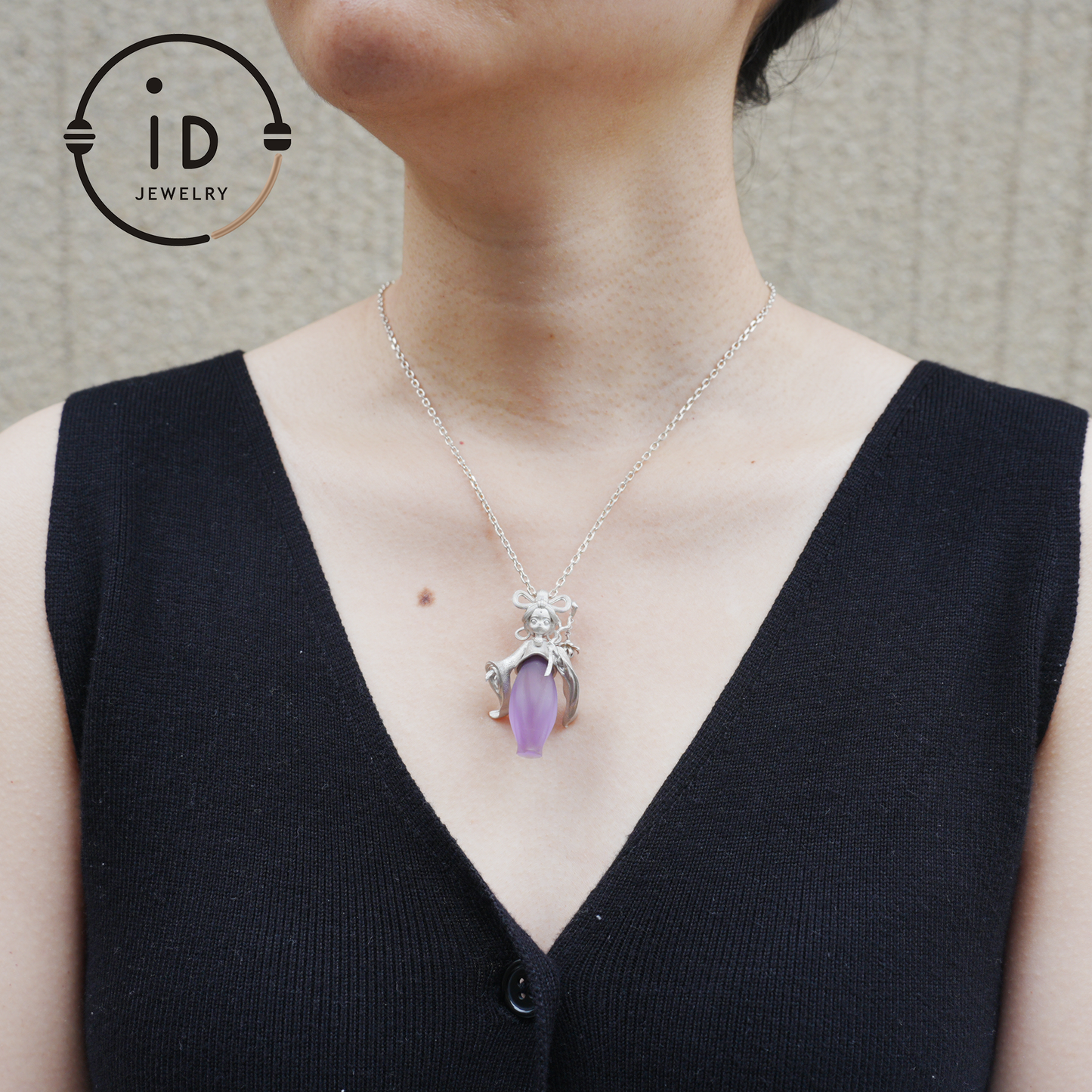 Amethyst Pendant in 925 Sterling Silver – Hanfu Girl Necklace with Bud Flower Design | Fantasy Asian Totem Jewelry | Gift for Her