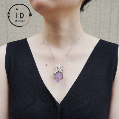 Amethyst Pendant in 925 Sterling Silver – Hanfu Girl Necklace with Bud Flower Design | Fantasy Asian Totem Jewelry | Gift for Her