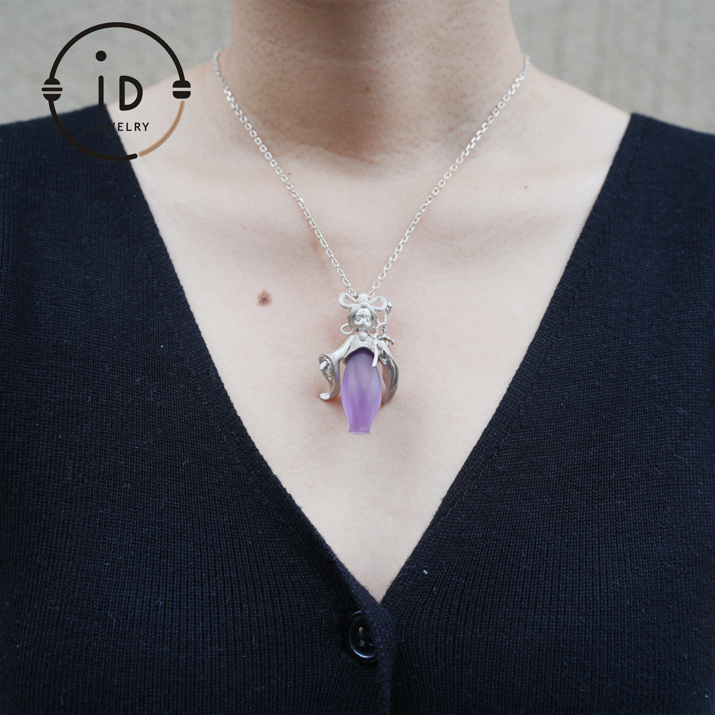 Amethyst Pendant in 925 Sterling Silver – Hanfu Girl Necklace with Bud Flower Design | Fantasy Asian Totem Jewelry | Gift for Her
