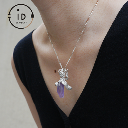 Amethyst Pendant in 925 Sterling Silver – Hanfu Girl Necklace with Bud Flower Design | Fantasy Asian Totem Jewelry | Gift for Her