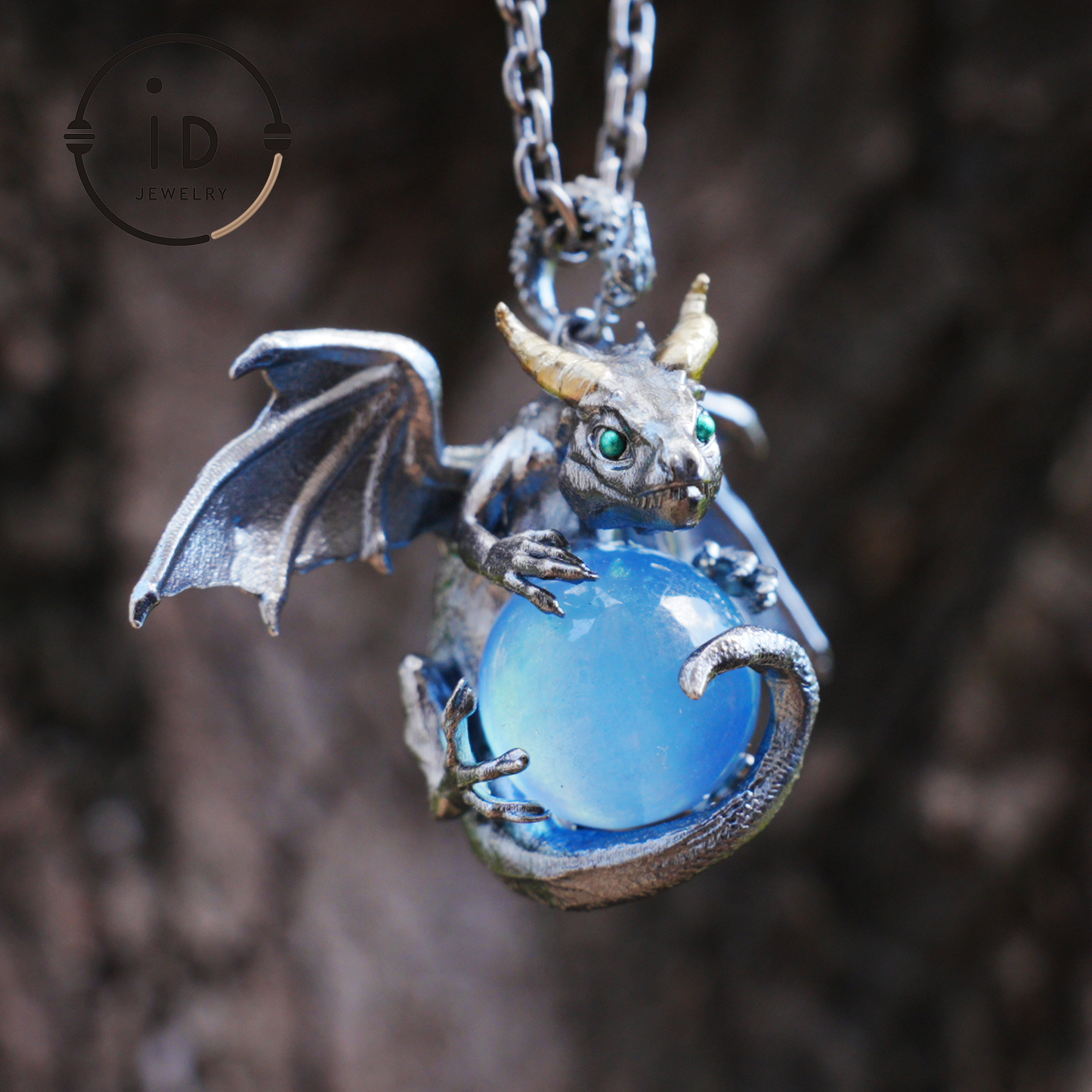 Handcrafted Dragon Pendant with Aquamarine in 925 Silver, Gothic Fantasy Style, Talisman Gift for Men & Women