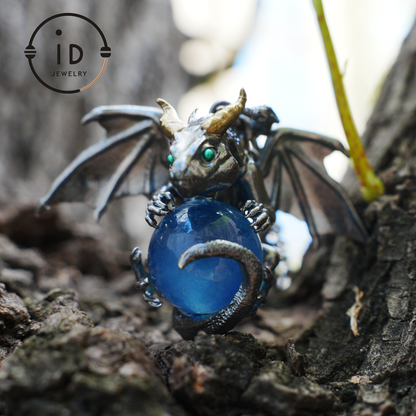 Handcrafted Dragon Pendant with Aquamarine in 925 Silver, Gothic Fantasy Style, Talisman Gift for Men & Women