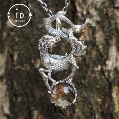 Ghost Quartz Dragon Pendant in 925 Silver · Gothic Fantasy Necklace for Women · Talisman Jewelry · Gift Idea Birthday Christmas
