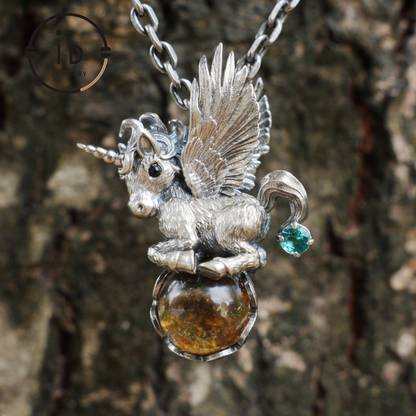 Flying Unicorn Pendant with Amber and Green Crystal in 925 Silver · Fairy Tale Jewelry · Gift for Women Birthday Christmas