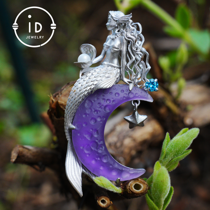 Amethyst Moon Pendant with Mermaid in 925 Sterling Silver · Fantasy Talisman Necklace for Women · Gift Idea Birthday Christmas Fairy Jewelry