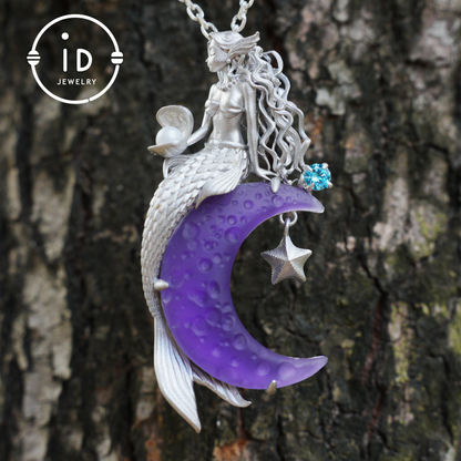 Amethyst Moon Pendant with Mermaid in 925 Sterling Silver · Fantasy Talisman Necklace for Women · Gift Idea Birthday Christmas Fairy Jewelry