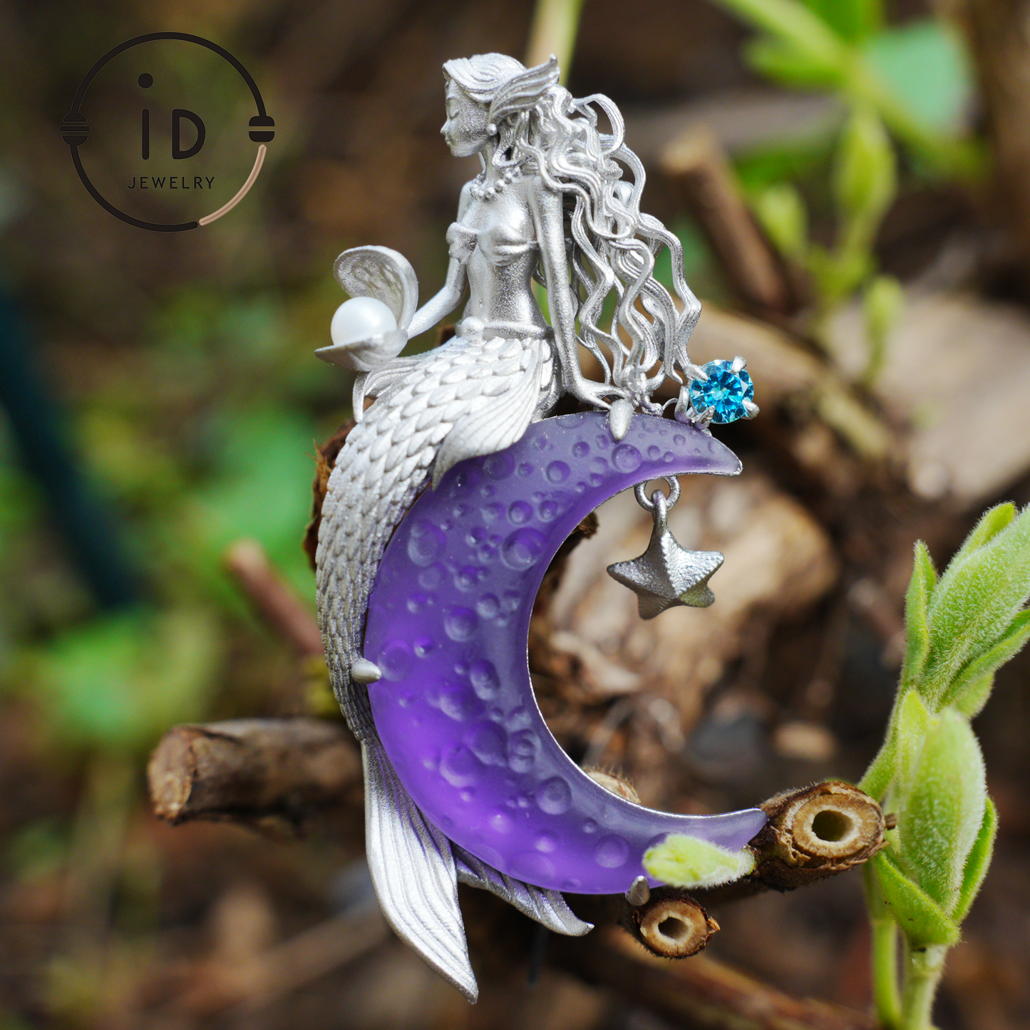 Amethyst Moon Pendant with Mermaid in 925 Sterling Silver · Fantasy Talisman Necklace for Women · Gift Idea Birthday Christmas Fairy Jewelry