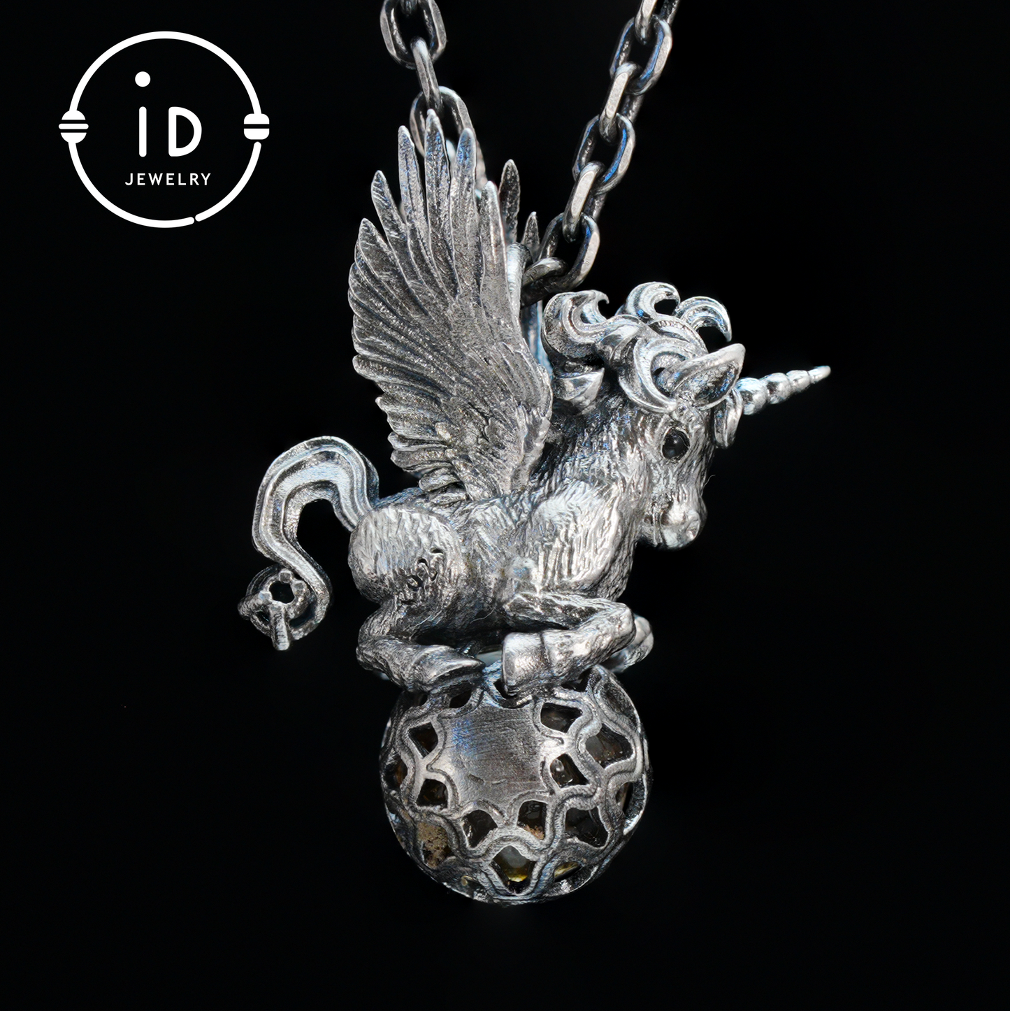 Flying Unicorn Pendant with Amber and Green Crystal in 925 Silver · Fairy Tale Jewelry · Gift for Women Birthday Christmas