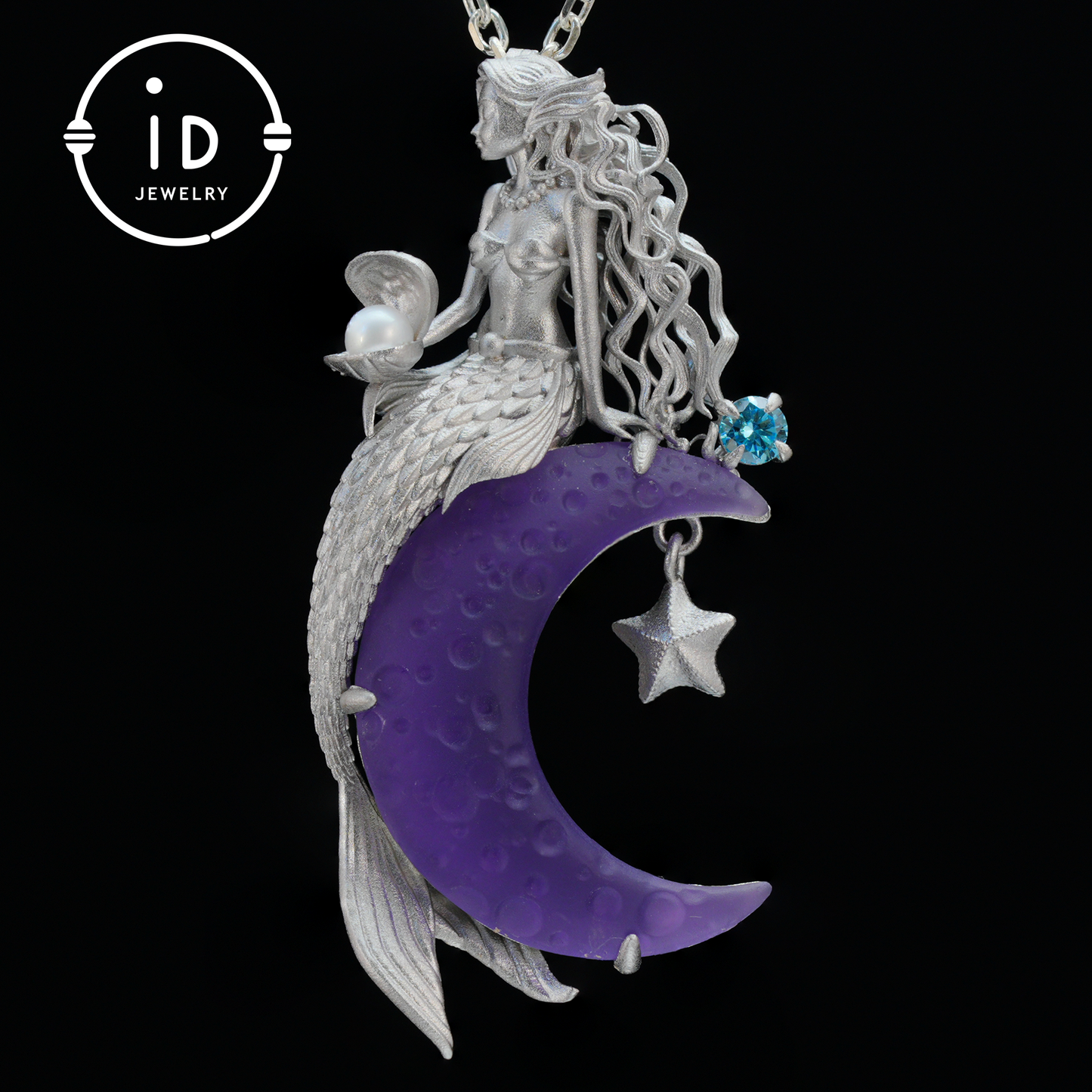 Amethyst Moon Pendant with Mermaid in 925 Sterling Silver · Fantasy Talisman Necklace for Women · Gift Idea Birthday Christmas Fairy Jewelry