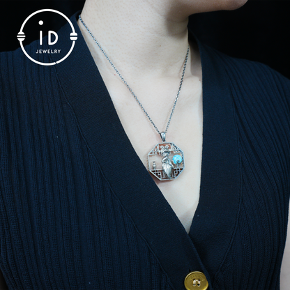 Handgefertigter achteckiger Anhänger mit Aussparung | Natürlicher Larimar-Kugel-Akzent | Retro-inspiriertes geometrisches Statement-Geschenk für kreative Seelen