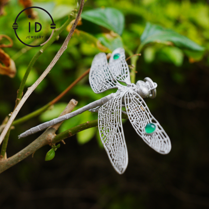 Green Onyx Dragonfly Pendant in 925 Sterling Silver, Fairytale Style Handmade Nature Talisman Necklace, Gift for Nature Lovers
