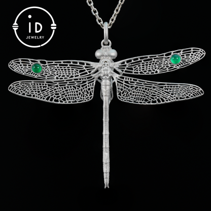 Green Onyx Dragonfly Pendant in 925 Sterling Silver, Fairytale Style Handmade Nature Talisman Necklace, Gift for Nature Lovers