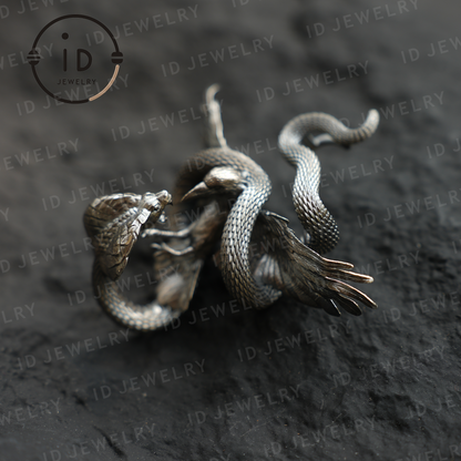 Cobra Bird Pendant Brooch, Handmade Gothic Fantasy Jewelry, Mythical Animal Battle Art Necklace