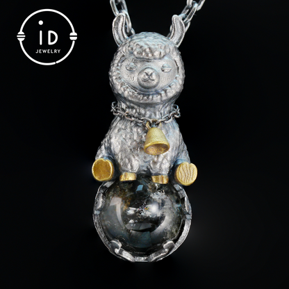 Ghost Quartz Pendant in Oxidized 925 Silver with Llama Figure and Brass Accents, Vintage Style Necklace, Christmas Gift for Her
