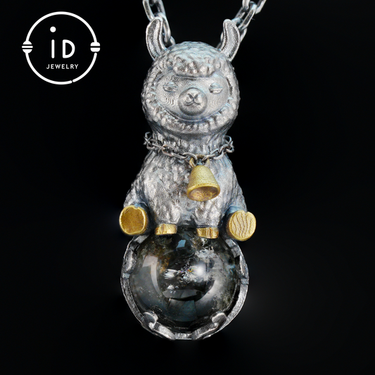 Ghost Quartz Pendant in Oxidized 925 Silver with Llama Figure and Brass Accents, Vintage Style Necklace, Christmas Gift for Her