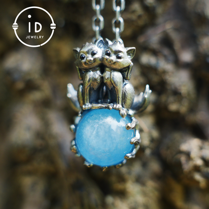 Fuchs-Totem-Anhänger mit Aquamarin – Fantasy-Tier-Amulett-Halskette, handgefertigter Geisterschmuck, Zwillingswächter-Design