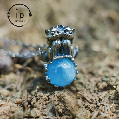 Fuchs-Totem-Anhänger mit Aquamarin – Fantasy-Tier-Amulett-Halskette, handgefertigter Geisterschmuck, Zwillingswächter-Design