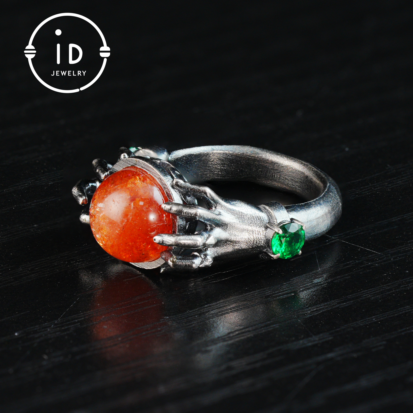 Gothic Style Sunstone Ring in 925 Sterling Silver with Green Zircon Stone Gift for Her Halloween Fantasy Statement Jewelry