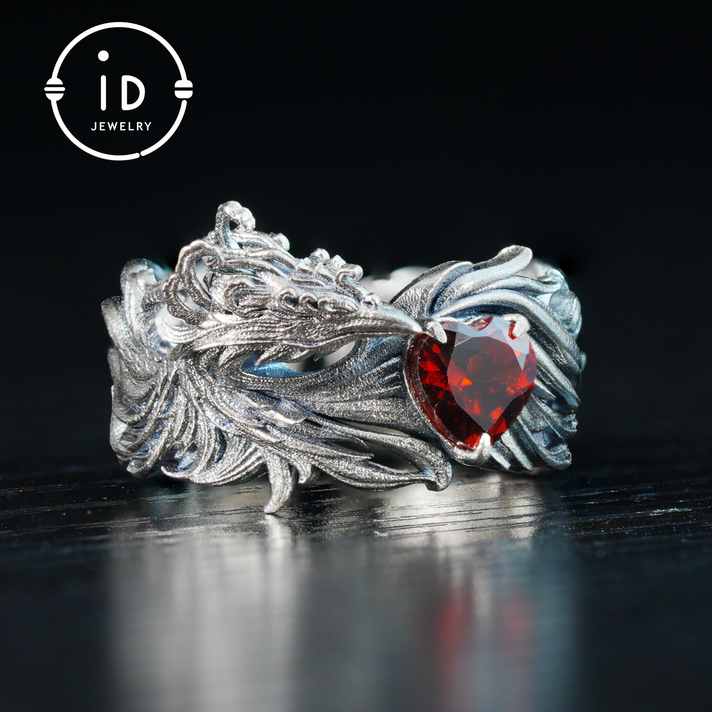 Garnet Ring 925 Silver Heart Ring Gothic Style Adjustable Oxidized Gift for Her Fantasy Jewelry Abstract Flame Design