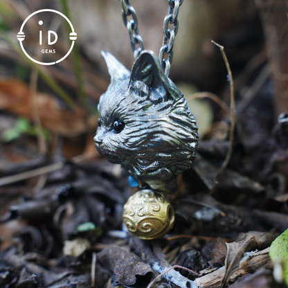 Mystic Cat Pendant with Bell, Emotional Protection Talisman, Handcrafted Animal Jewelry, Fantasy Totem Gift for Empaths and Dreamers