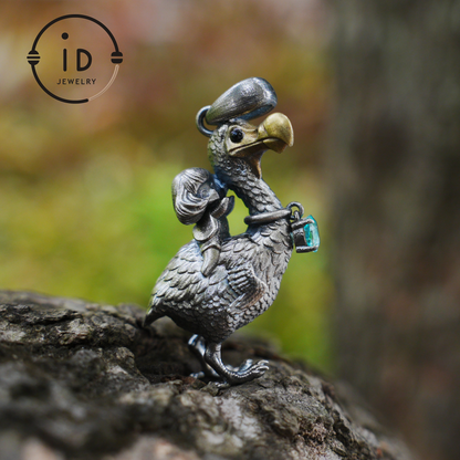 Dodo Bird Pendant in 925 Oxidized Silver with Girl Figure and Blue Zircon, Vintage Fairytale Jewelry, Gift Idea for Her