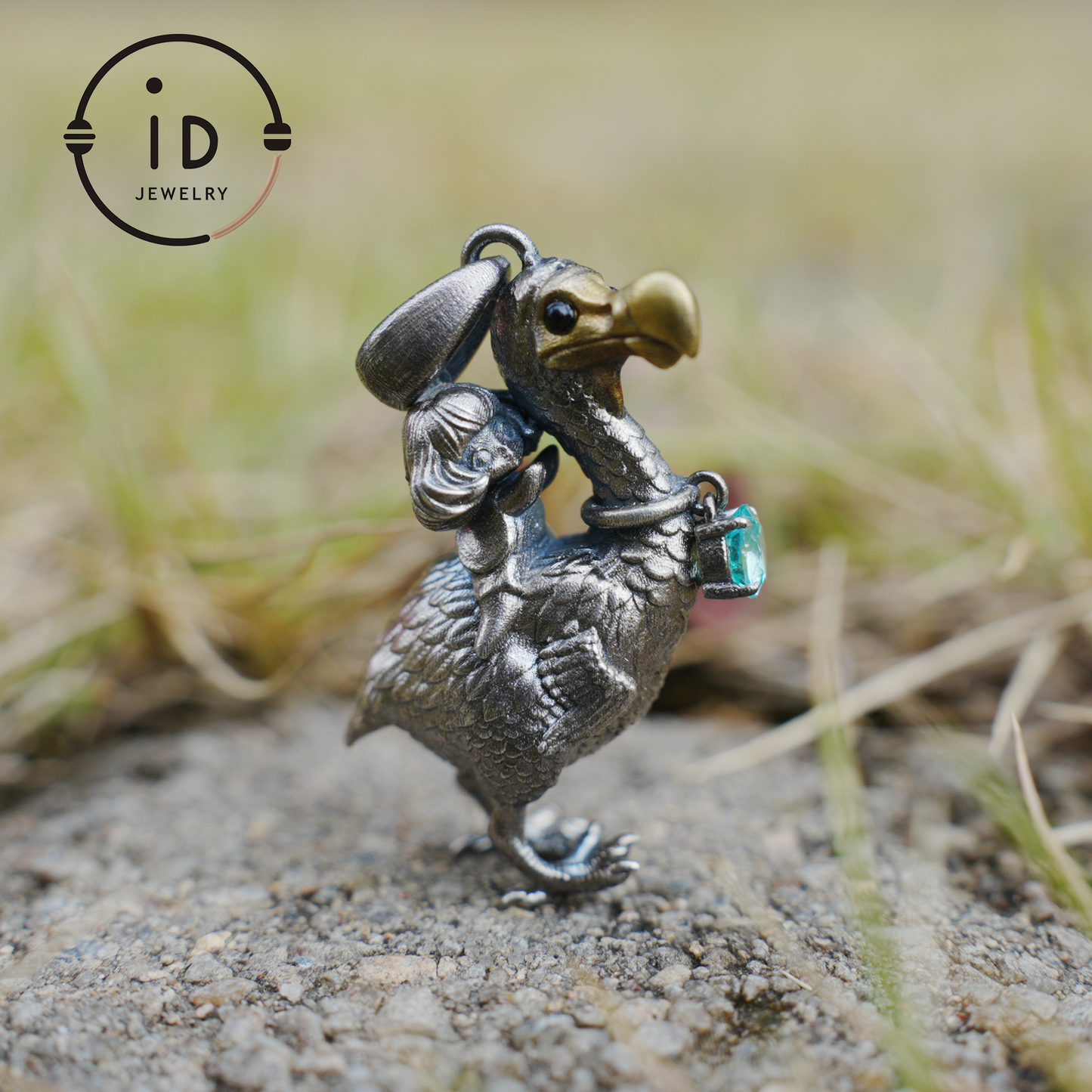 Dodo Bird Pendant in 925 Oxidized Silver with Girl Figure and Blue Zircon, Vintage Fairytale Jewelry, Gift Idea for Her