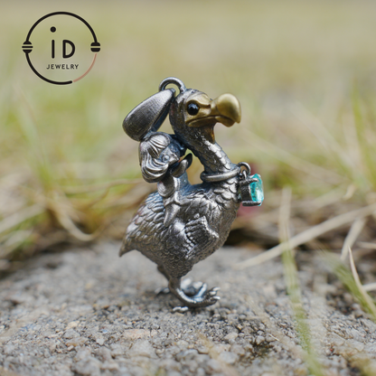 Dodo Bird Pendant in 925 Oxidized Silver with Girl Figure and Blue Zircon, Vintage Fairytale Jewelry, Gift Idea for Her