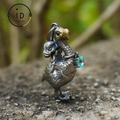 Dodo Bird Pendant in 925 Oxidized Silver with Girl Figure and Blue Zircon, Vintage Fairytale Jewelry, Gift Idea for Her