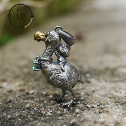 Dodo Bird Pendant in 925 Oxidized Silver with Girl Figure and Blue Zircon, Vintage Fairytale Jewelry, Gift Idea for Her