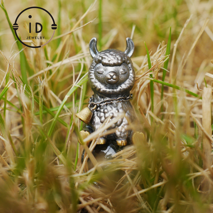 Ghost Quartz Pendant in Oxidized 925 Silver with Llama Figure and Brass Accents, Vintage Style Necklace, Christmas Gift for Her