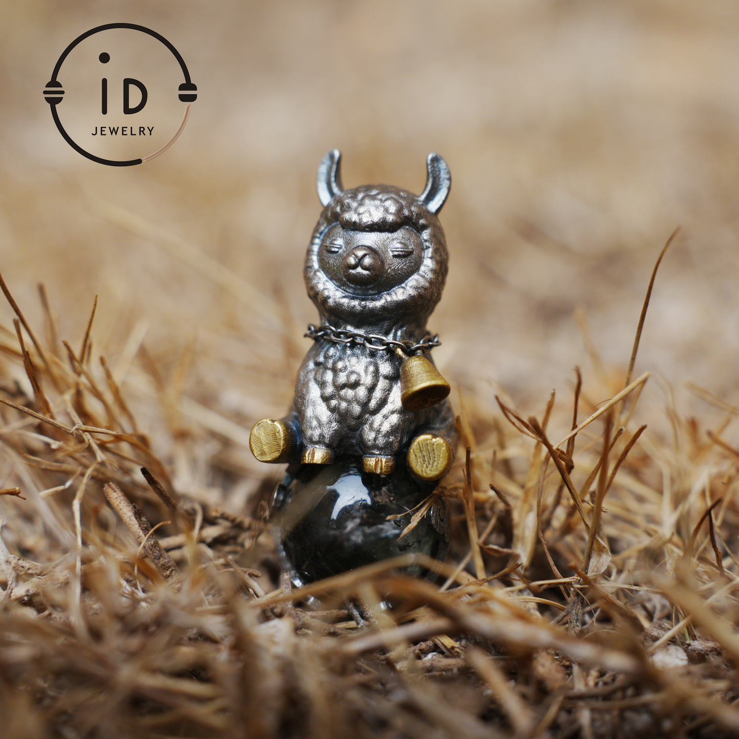 Ghost Quartz Pendant in Oxidized 925 Silver with Llama Figure and Brass Accents, Vintage Style Necklace, Christmas Gift for Her